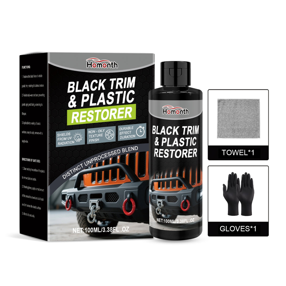 Black trim restorer with applicator towel