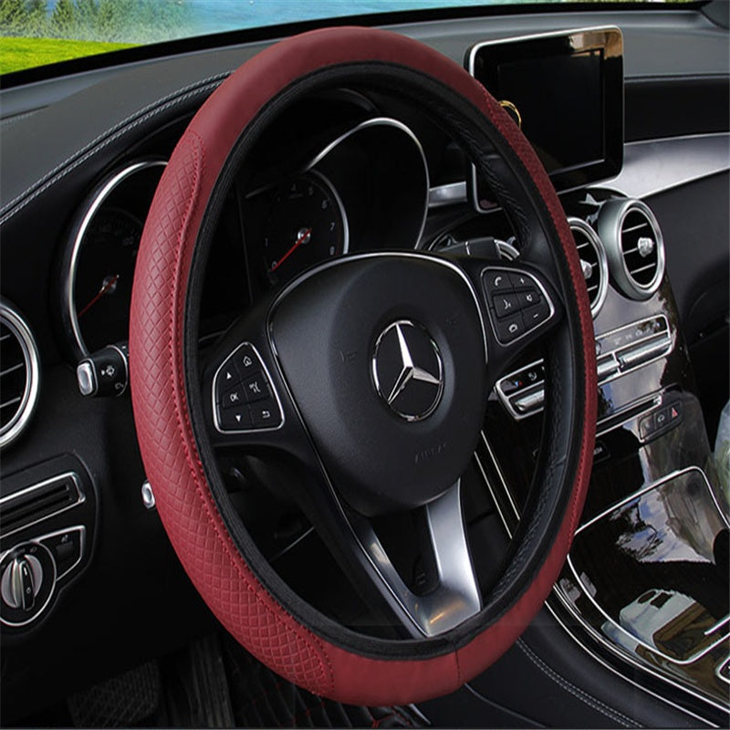 Two-tone fibre leather steering wheel cover – wine red cover fitted on a Mercedes steering wheel