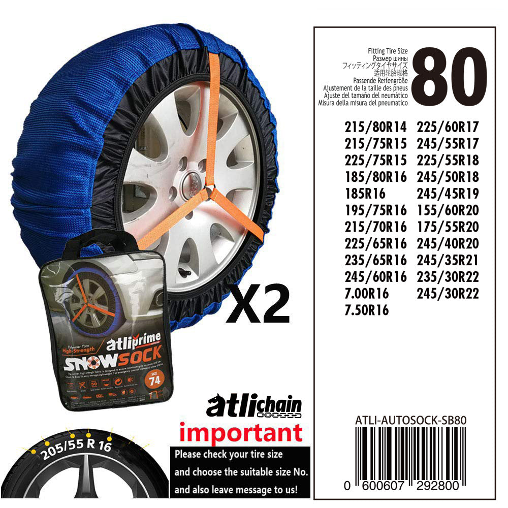 Textile snow sock for car tyres – size chart for size 80 with tyre list