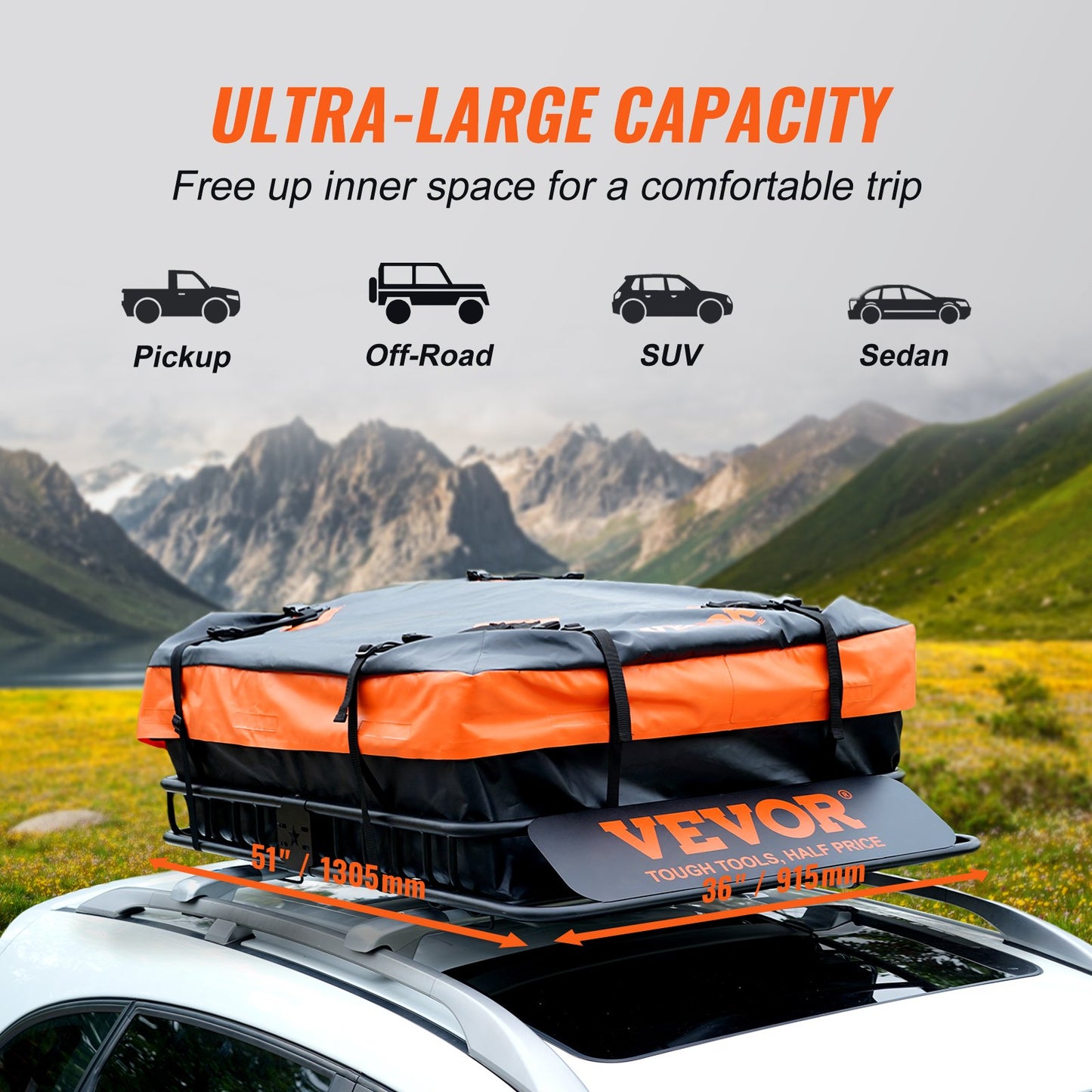 Roof Rack Cargo Basket, 130.5 X 91.5 X 12.7 Cm Rooftop Cargo Carrier W 15 Cu Ft Waterproof Cargo Bag, 90 Kg Capacity Universal Rack Carrier For SUV, Truck