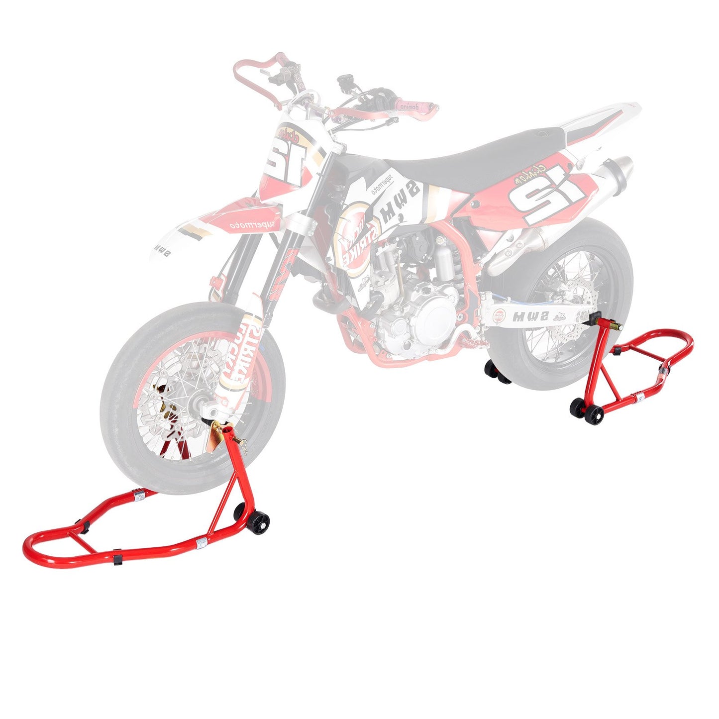 Motorcycle Stand Lift, 850lbs Capacity Front Rear Combo Stand Lift, Front Wheel Dual-Fork Stand, Rear U,L Fork Swingarm Spool Stand, For MostYamaha HondaKawasaki SuzukiMotorcycles, Red