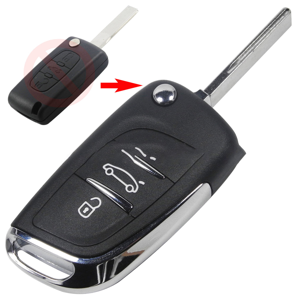 Replacement folding key shell for Citroën & Peugeot – before and after comparison with 3-button shell and old key