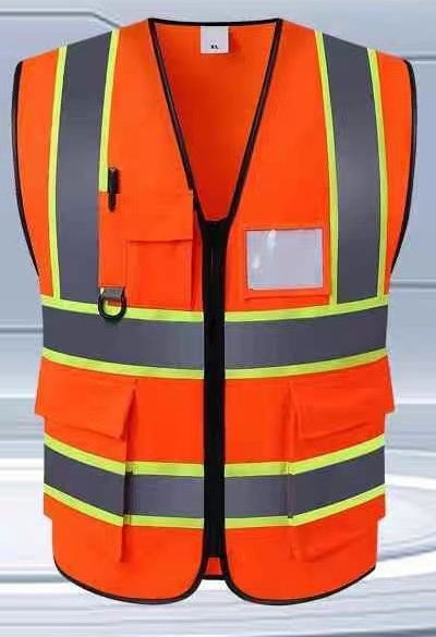 Hi-vis multi-pocket reflective safety vest – front view of orange vest on mannequin