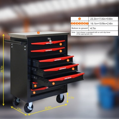7 Drawers Multifunctional Tool Cart With Wheels,Metal Rolling Tool Cart Storage For Garage Workshop Warehouse Repair Shop--With Stainless Steel Roof- BLACK RED