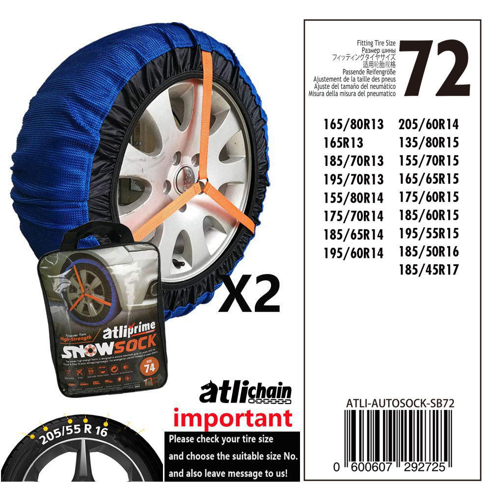 Textile snow sock for car tyres – size chart for size 72 with tyre list