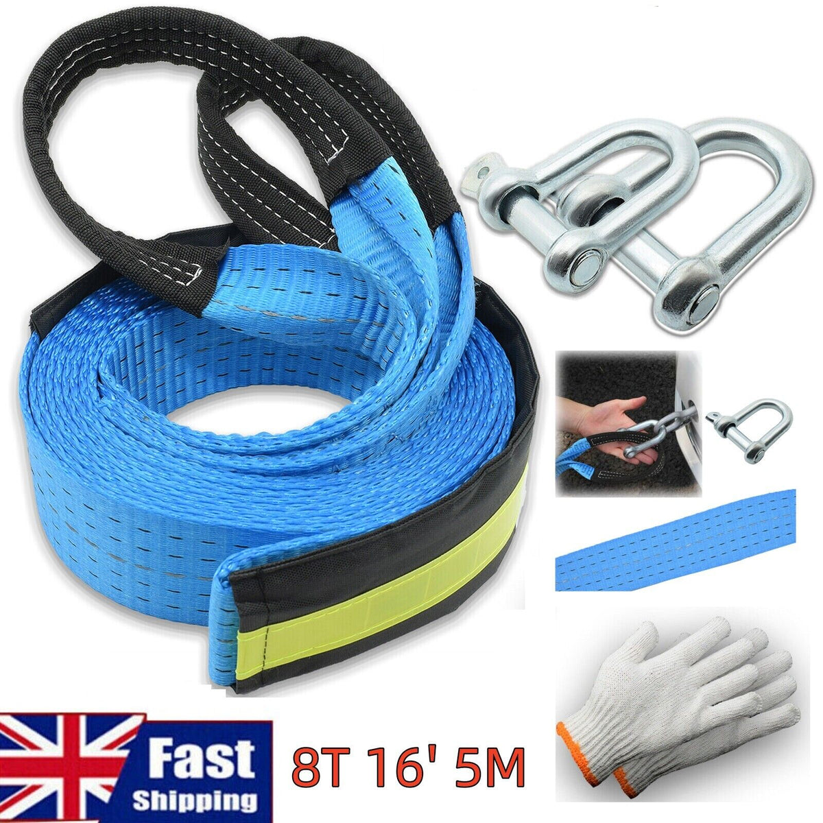 Heavy Duty Tow Strap 5m – 8 Tonne Recovery Rope with Shackles - Blue
