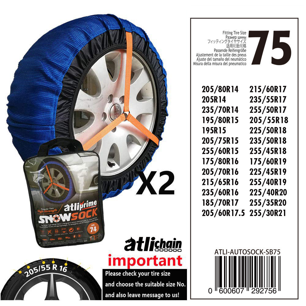 Textile snow sock for car tyres – size chart for size 75 with tyre list