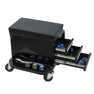 Rolling Creeper Garage Shop Seat With Three Built-in Drawers, Rolling Tool Chest Black
