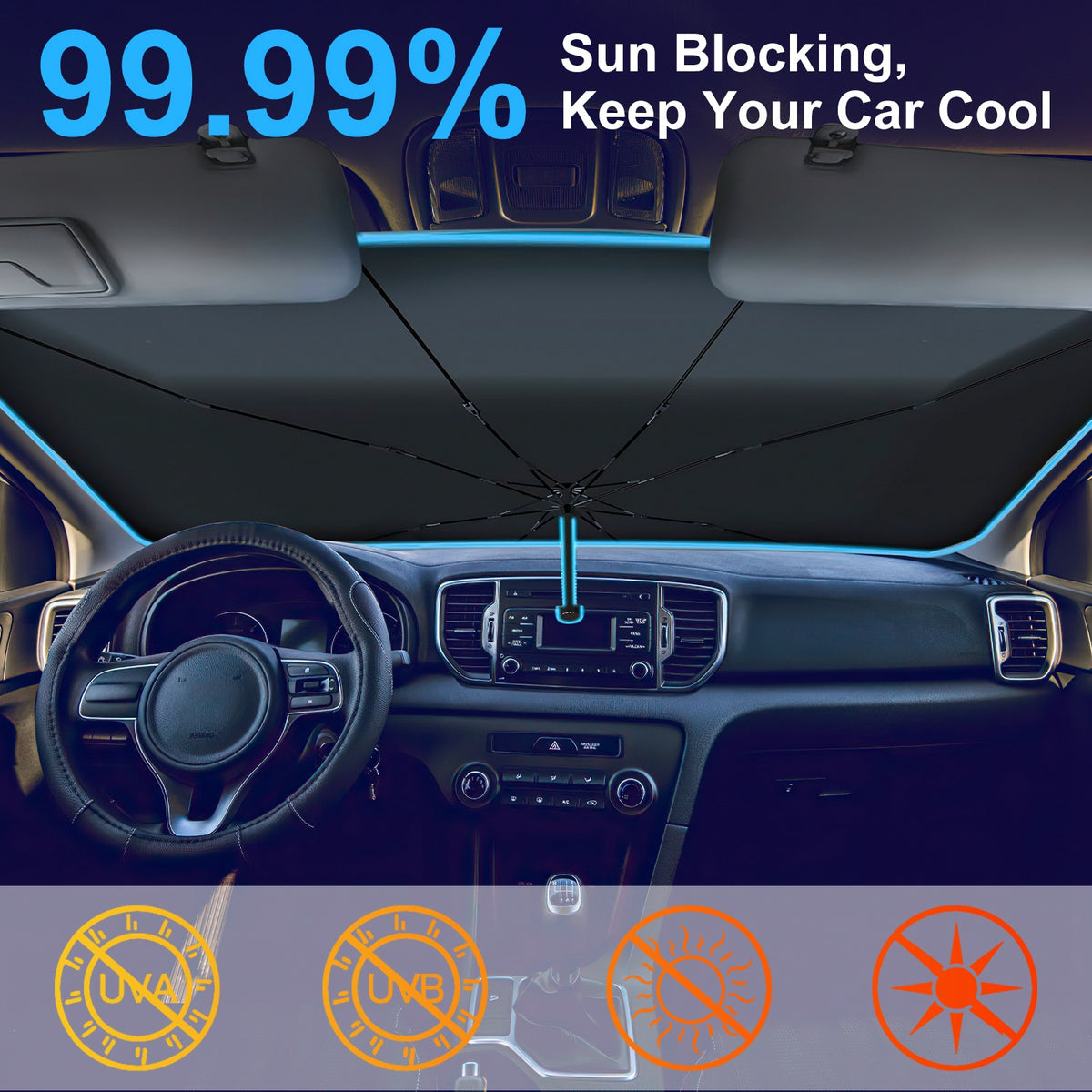1Pc 57x33In Foldable Car Sun Umbrella Universal Sun Blocker Shield Shade Silver Titanium Sun Protector With Carry Bag For Car Truck SUV