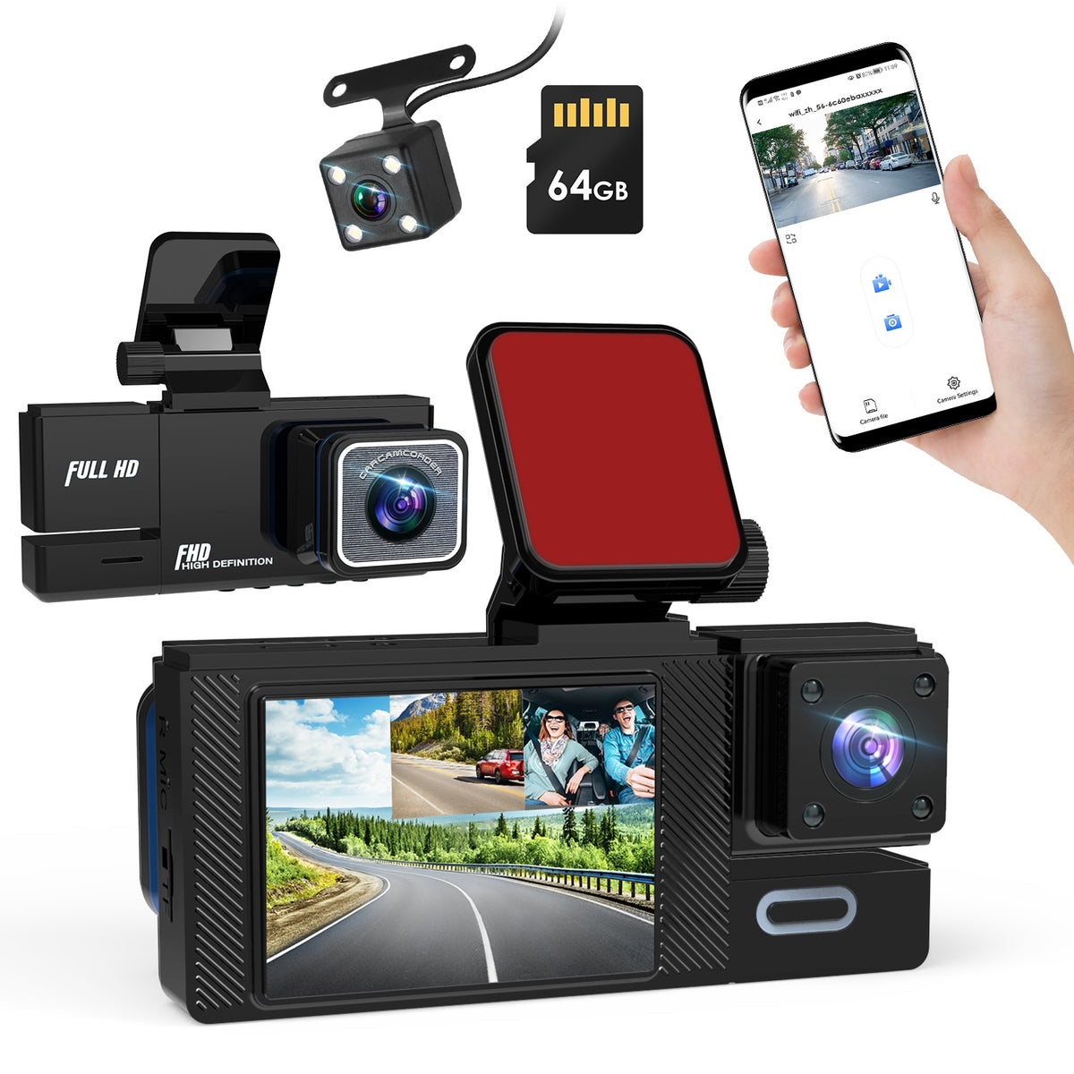 1Pc WiFi FHD 1080P Car Dash Cam 3 Channels Front Rear Inside Dash Camera With Loop Recording Reversing Image Night Vision 170 Degree Wide Angle Support 64G MMC Card Included