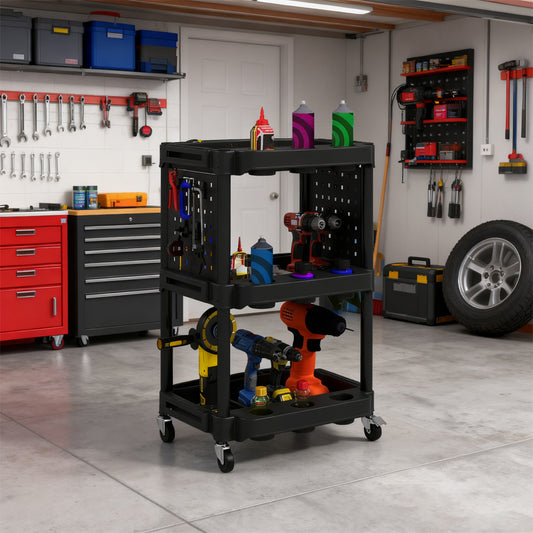 3-Tier Rolling Tool Cart, 200 LBS Capacity Plastic Utility Cart With Side Shelves For Garage, Workshop, Tikt0k Sale Prohibited