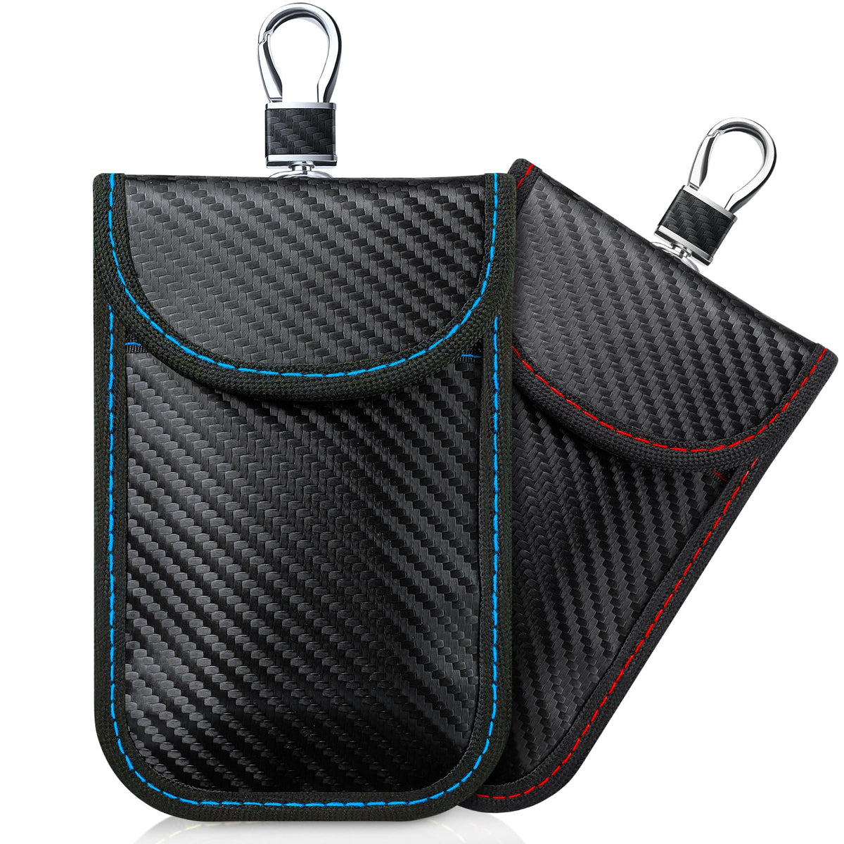 Faraday pouch for car keys – keyless entry signal blocker – two pouches with carabiner clips, blue and red stitching