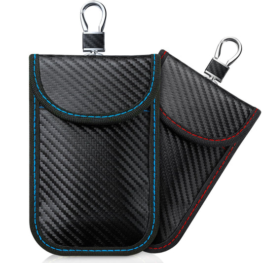 Faraday pouch for car keys – keyless entry signal blocker – two pouches with carabiner clips, blue and red stitching