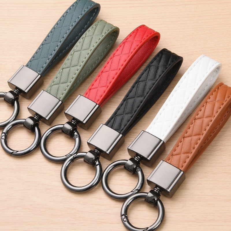 Metal car keyring with lanyard loop – six colour options arranged in a row