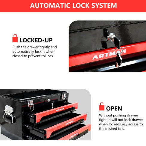 20 Portable 3 Drawer Steel Tool Box With Metal Latch Closure, Black  Red