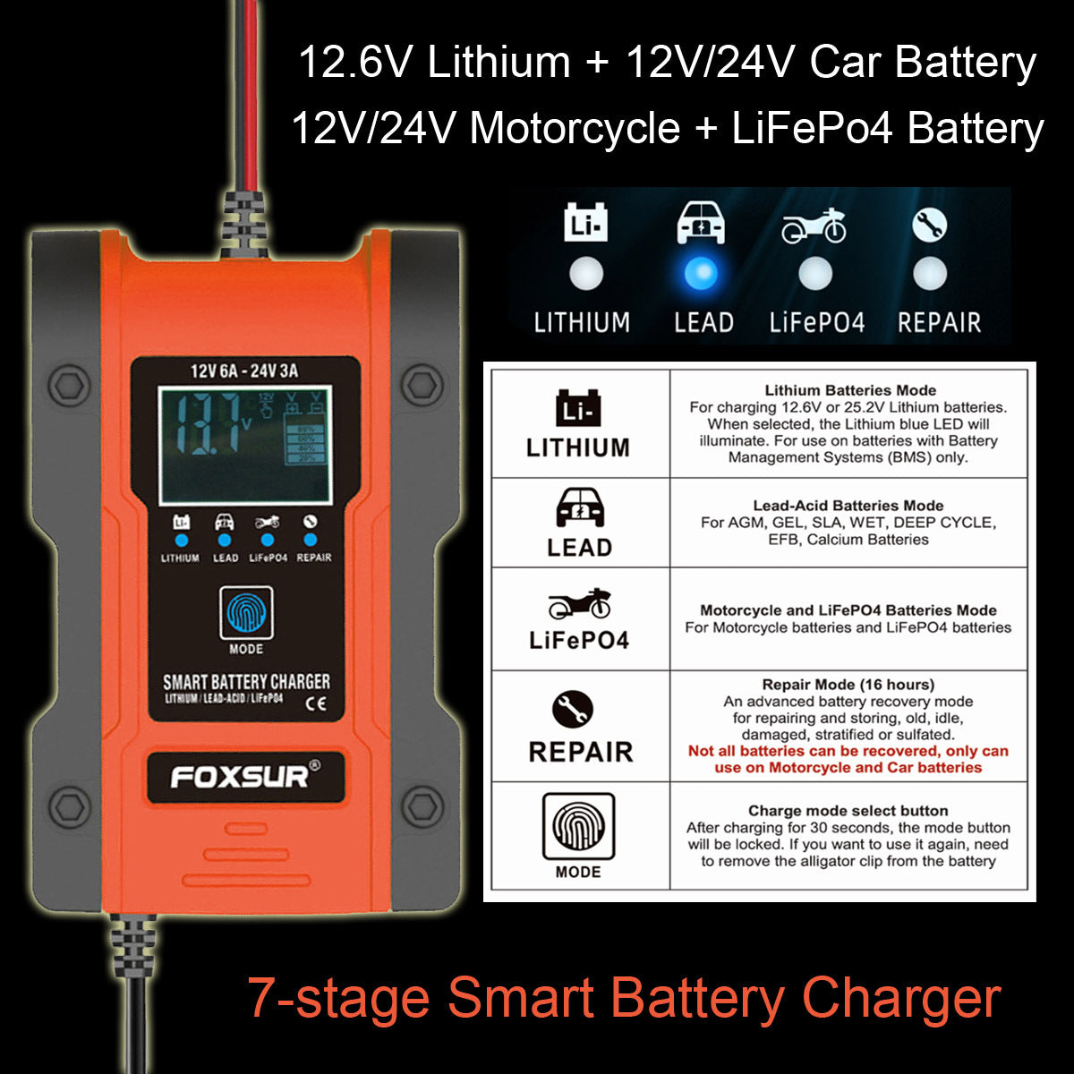 Smart Battery Charger 12V 6A / 24V 3A – 7-Stage, UK Plug - image 2