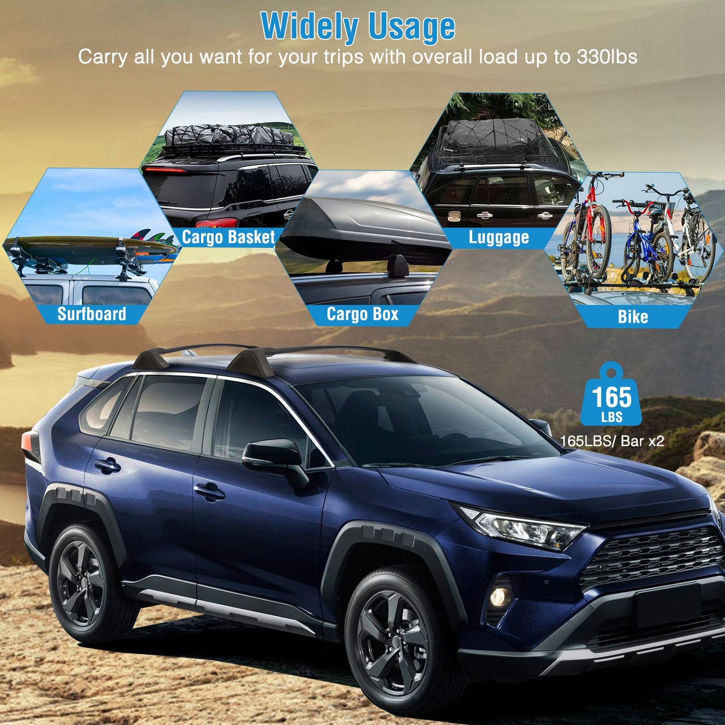 Car Roof Rack Cross Bars Aluminum Alloy Cargo Carrier Rooftop Crossbars Fit For RAV4 2019-2024 With Side Rails For Cargo Carrier Bag Kayak Bike Snowboard