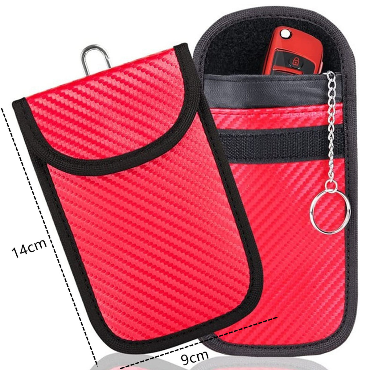 Faraday pouch for car keys – keyless entry signal blocker – red pouch pair with key fob and keyring chain inside