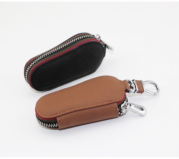 Leather zip car key case – universal – black and tan cases shown side by side