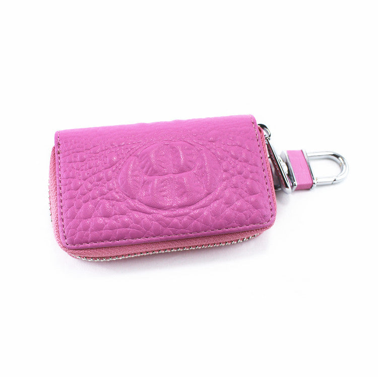Crocodile-pattern leather car key case – universal – pink case shown closed