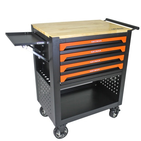 4 DRAWERS MULTIFUNCTIONAL TOOL CART WITH WHEELS AND WOODEN TOP-ORANGE