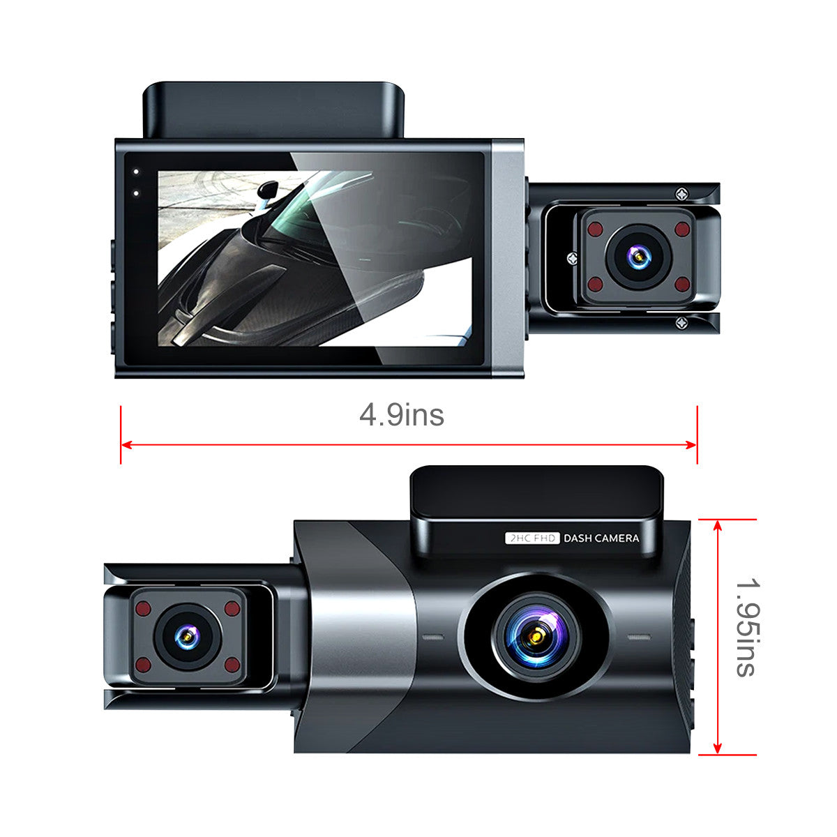 3-Lens Dash Cam 1296P – Front, Rear & Cabin, Wi-Fi, Night Vision - Black