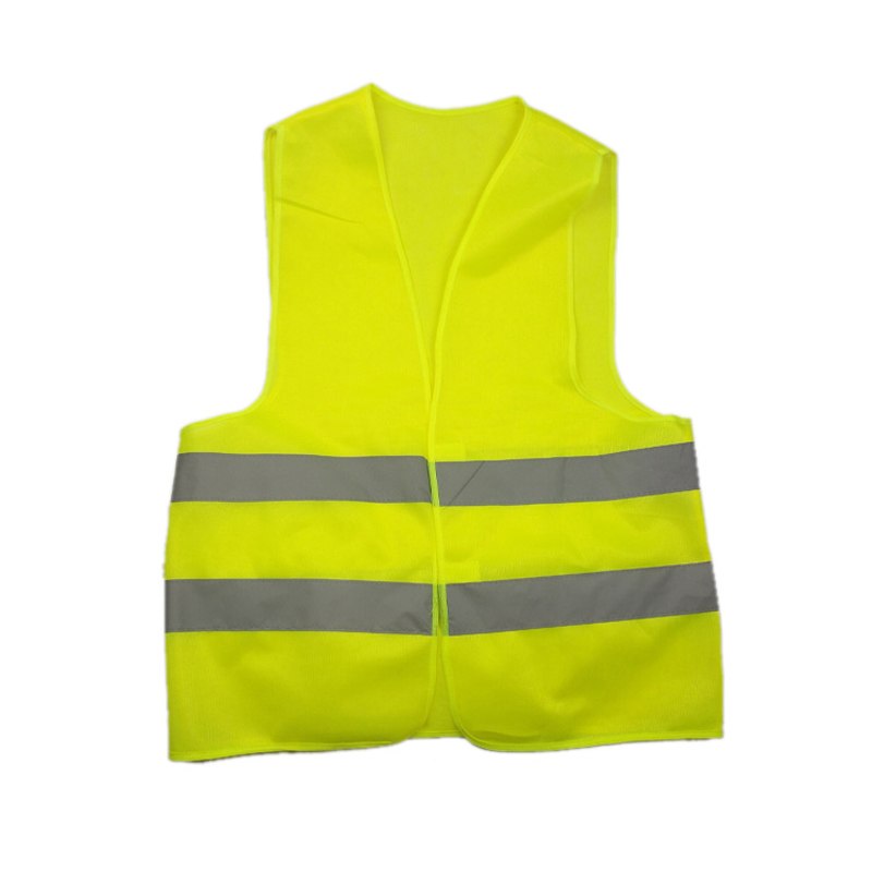 High-visibility yellow reflective safety vest – front view laid flat with grey reflective bands