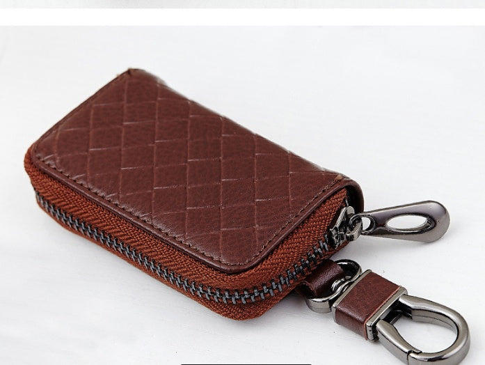 Woven leather car key holder – brown version with clasp and zip detail