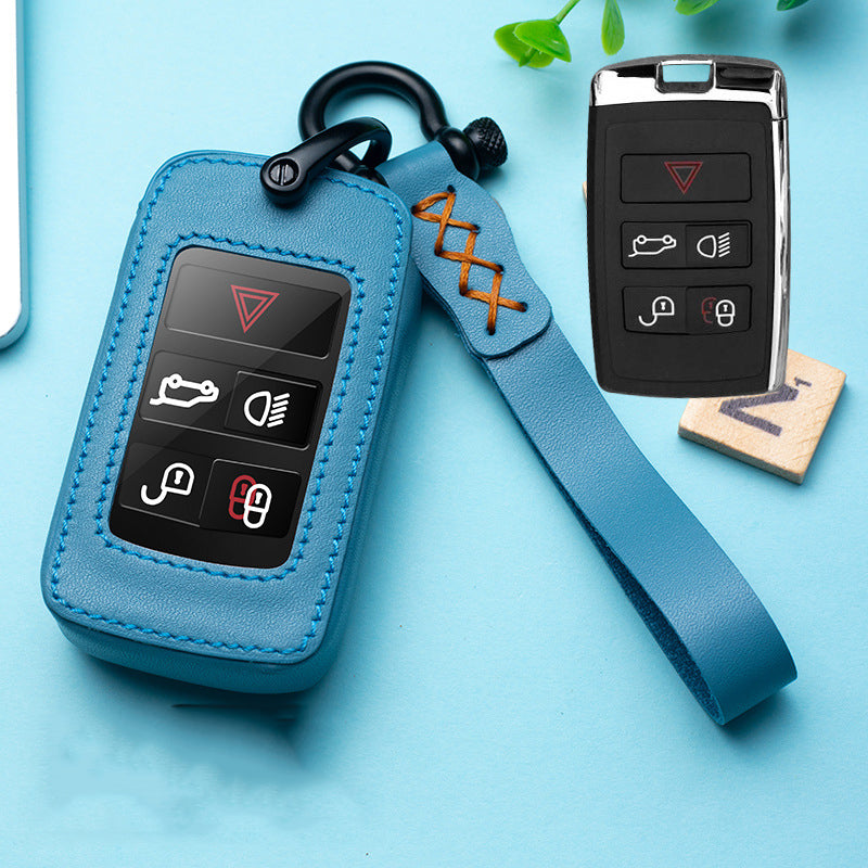 Leather key fob holster for Land Rover keys – blue leather case with wrist strap beside key fob