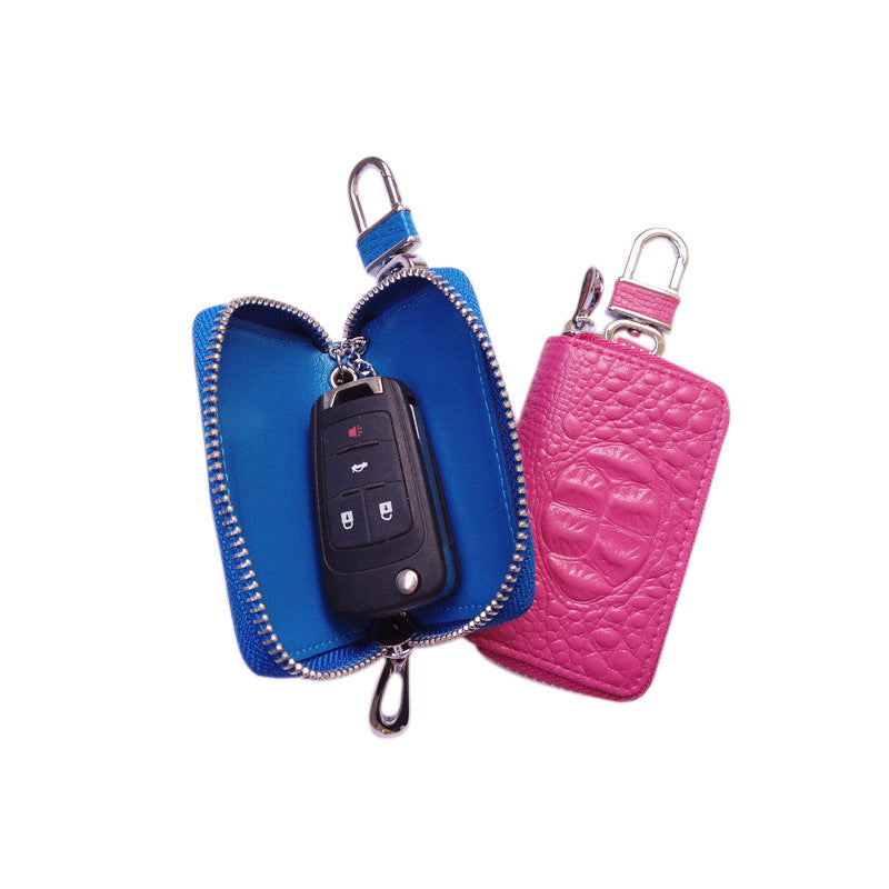 Crocodile-pattern leather car key case – universal – blue case open showing key fob inside