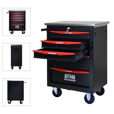 5 Drawers Multifunctional Tool Cart With Wheels,Metal Rolling Tool Cart Storage For Garage Workshop Warehouse Repair Shop--With Stainless Steel Roof- BLACK RED