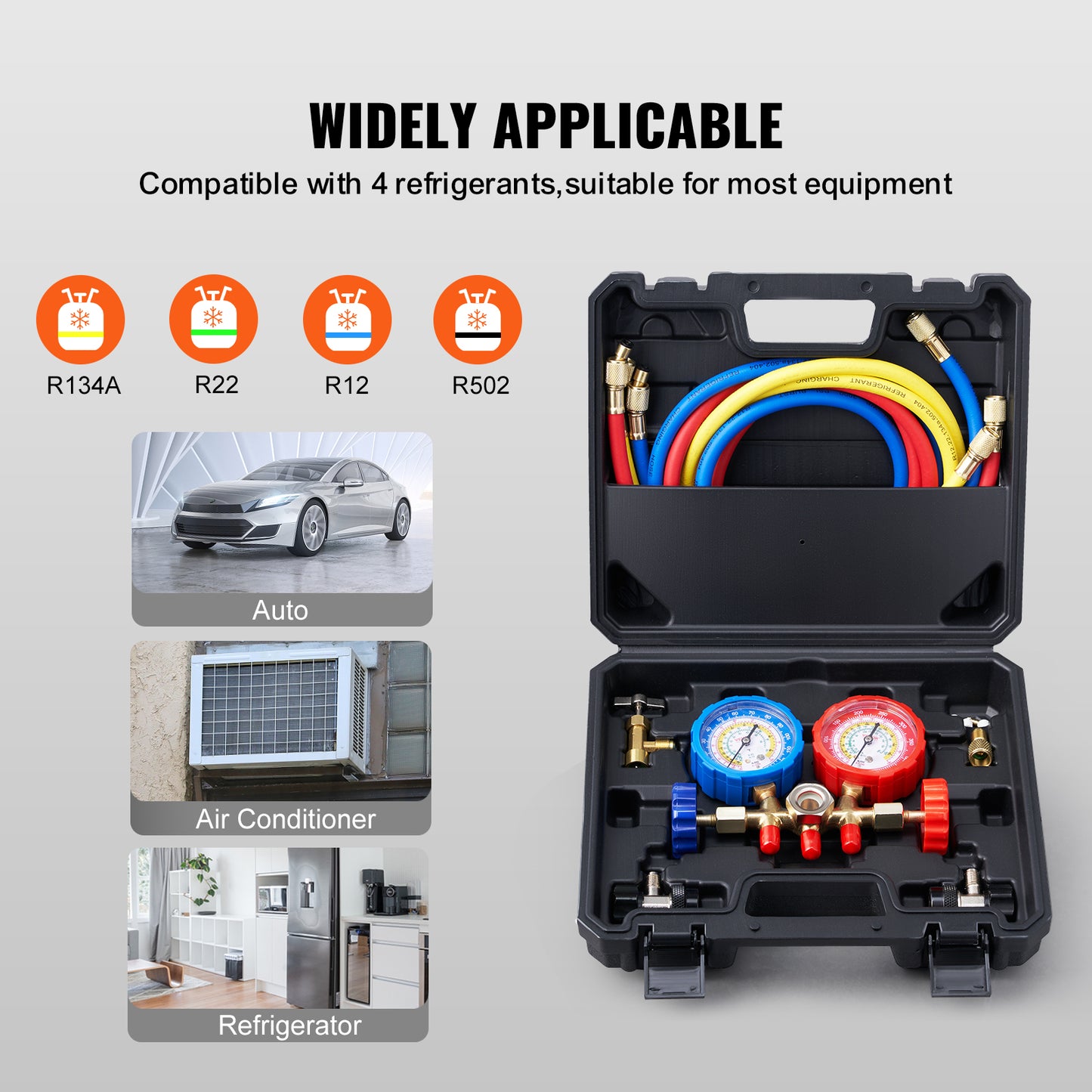 VEVOR AC Gauge Set - 3 Way AC Manifold Gauge Set For R134A R22 R12 R502 Refrigerant, Freon Gauges With 5ft Hoses, Couplers, Can Tap Works On Car Auto Freon Charging And Evacuation