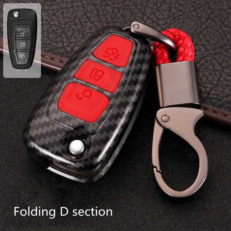 Key fob cover for Ford folding & smart keys – carbon-look – black carbon case with red buttons, folding d section label