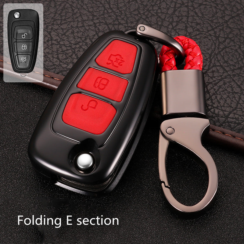 Key fob cover for Ford folding & smart keys – carbon-look – black case with red buttons, folding e section label