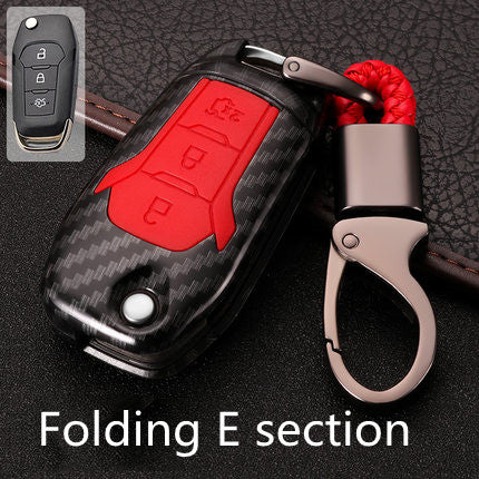 Key fob cover for Ford folding & smart keys – carbon-look – black carbon case with red buttons, folding e section label