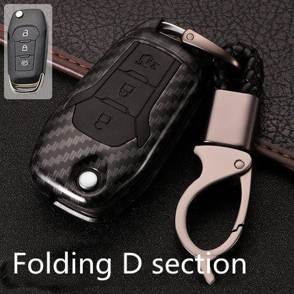Key fob cover for Ford folding & smart keys – carbon-look – black carbon case with black buttons, folding d section label