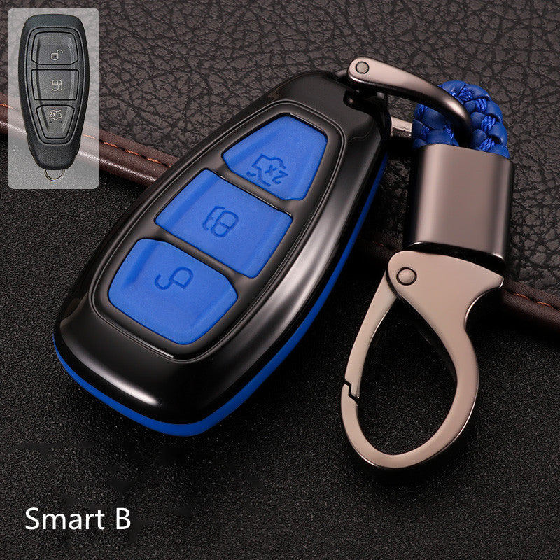 Key fob cover for Ford folding & smart keys – carbon-look – black case with blue trim buttons, smart b style