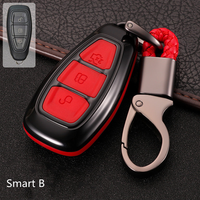 Key fob cover for Ford folding & smart keys – carbon-look – black case with red trim buttons, smart b style