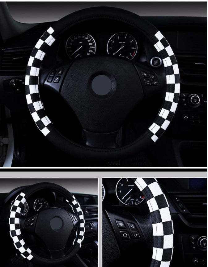 Chequered leather-look steering wheel cover, 38cm – fitted on a BMW steering wheel, black and white chequered