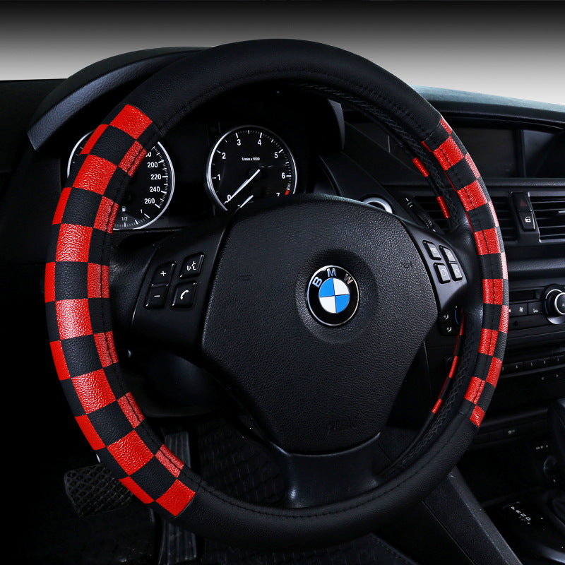 Chequered leather-look steering wheel cover, 38cm – fitted on a BMW steering wheel, red and black chequered