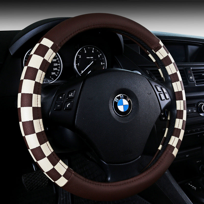 Chequered leather-look steering wheel cover, 38cm – fitted on a BMW steering wheel, brown and cream chequered