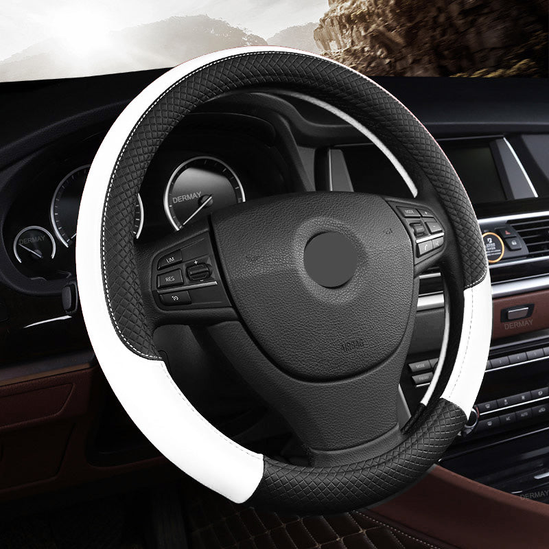 Leather-look steering wheel cover, 38cm – fitted on car steering wheel in white and black