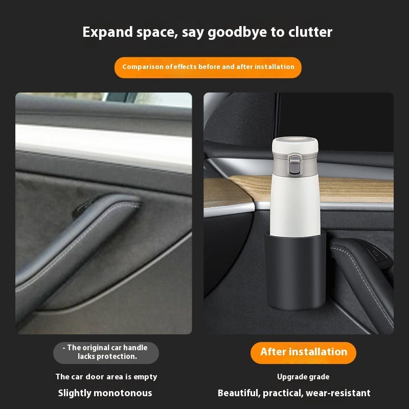 Door pocket cup holder storage box for Tesla Model 3/Y – supplier infographic showing before and after door installation