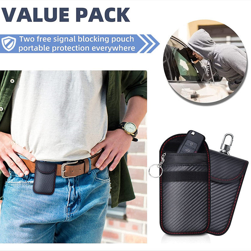 Faraday key box with 2 signal-blocking key pouches – supplier infographic showing pouch worn on belt