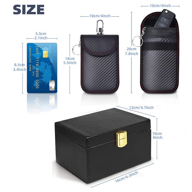 Faraday key box with 2 signal-blocking key pouches – size chart comparing box and pouches to a card