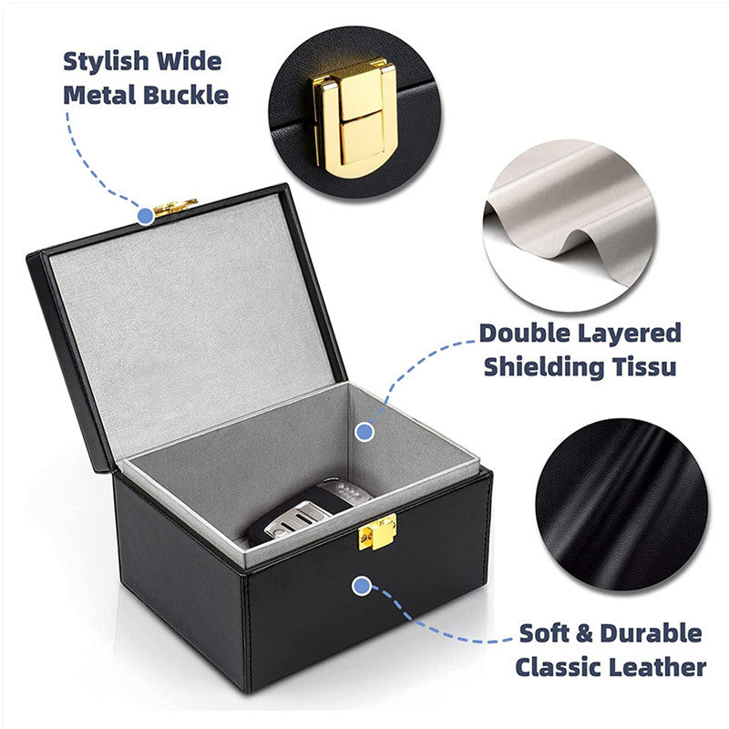 Faraday key box with 2 signal-blocking key pouches – close-up details of buckle, lining and leather