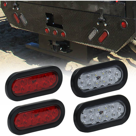 Truck Universal Small Taillight American Version, Rubber Frame With Plug 10 LED Oval Light ,12V, 2 Red Glossy Covers,2 Transparent Glossy Covers -4-piece Set