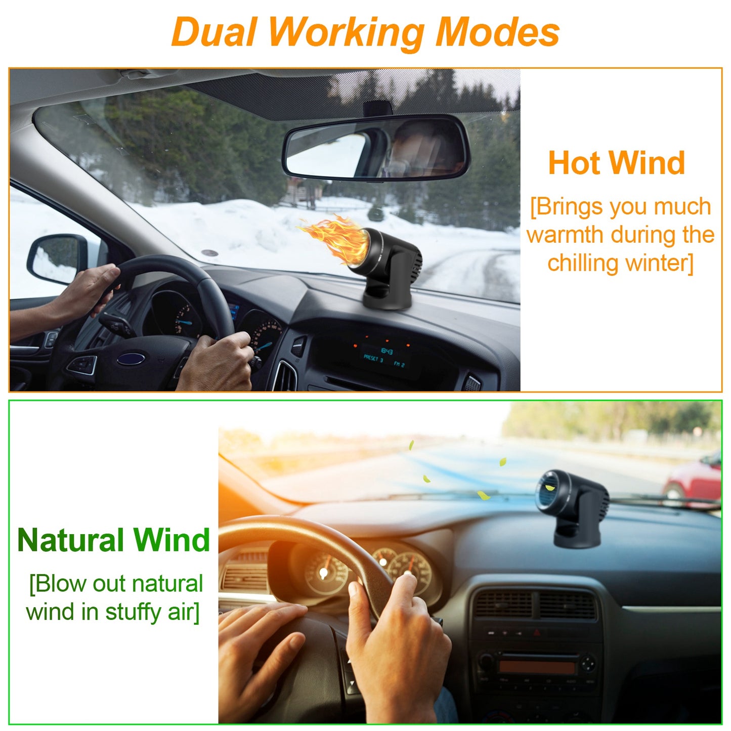 24V 160W Or 12V 120W Portable Car Heater 2 In 1 Heating Cooling Fan Rotatable Demister Defroster With 4.92ft Cord
