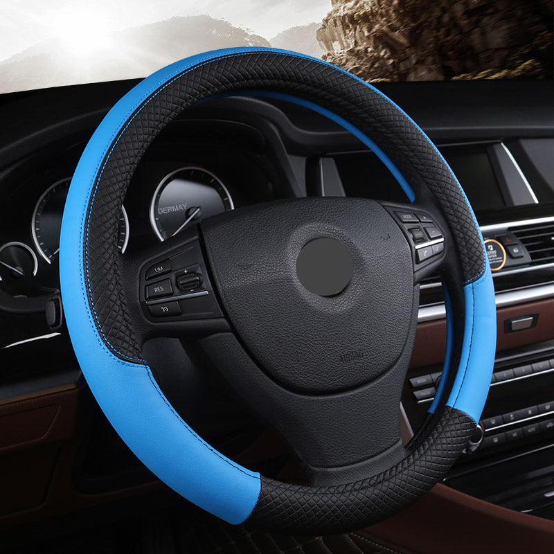 Leather-look steering wheel cover, 38cm – fitted on car steering wheel in blue and black