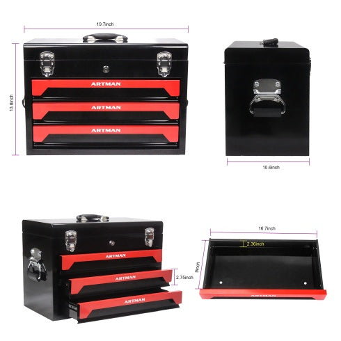 20 Portable 3 Drawer Steel Tool Box With Metal Latch Closure, Black  Red